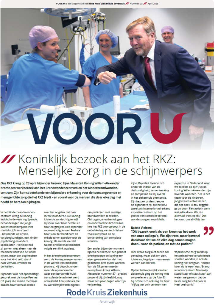 Voorblad 'Voor U' editie maart 2025. Getiteld: "Koninklijk bezoek aan het RKZ: Menselijke zorg in de schijnwerpers"