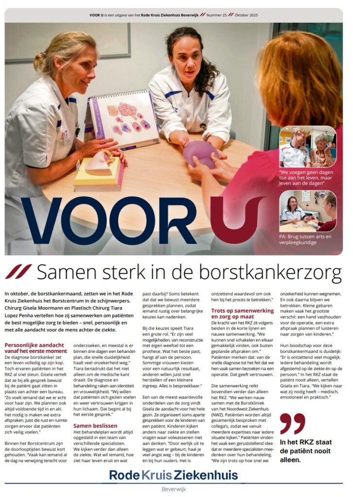 Voorblad 'Voor U' editie oktober 2025. Getiteld: "Samen sterk in de borstkankerzorg"
